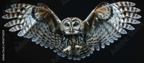 A Boreal Owl, also called a Tengmalm's Owl, glides through the air gracefully, displaying its impressive wingspan and sleek body 