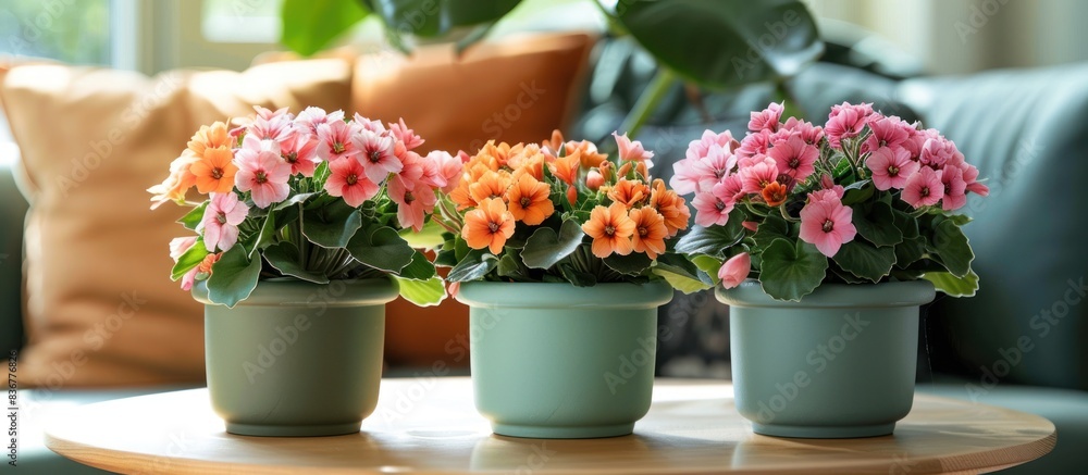 A group of three potted plants showcasing the beauty of Kalanchoe Blossfeldian L sitting neatly on top of a table in a well lit room A group of three potted plants showcasing the beauty of Kalanchoe Blossfeldian L sitting neatly on top of a table in a well lit room
