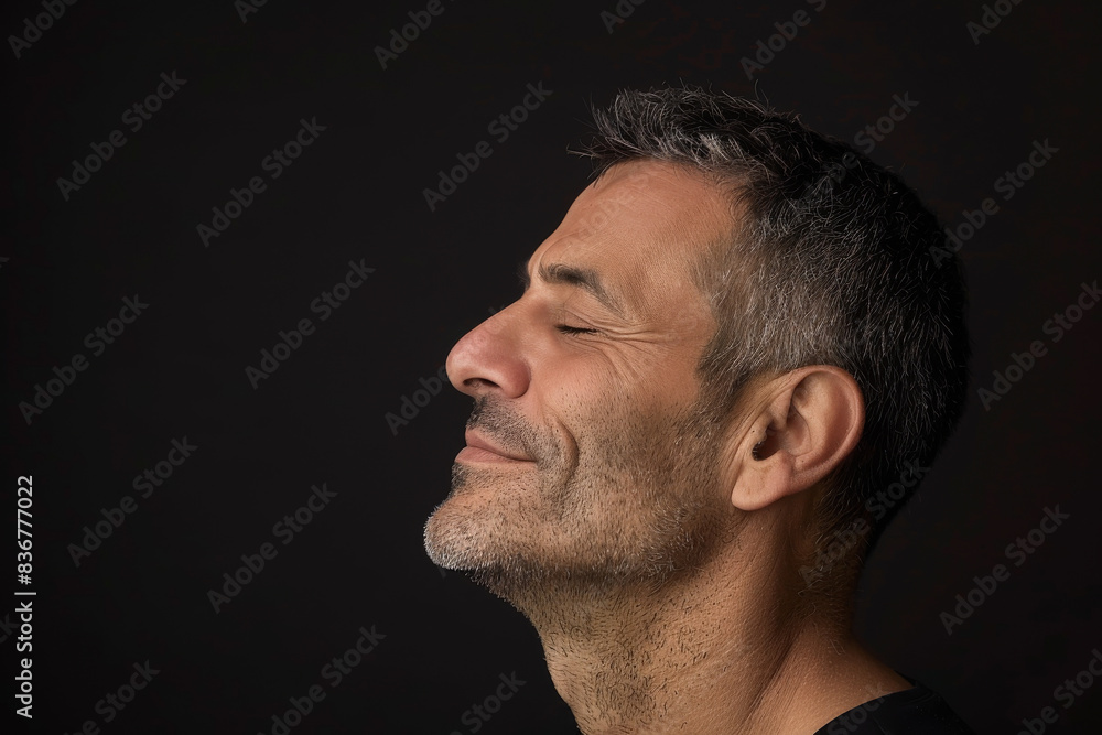 Obraz premium A close up of a man with beard and closed eyes looking to a side