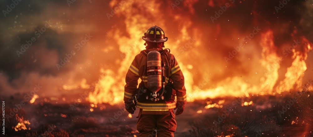 A firefighter in full gear stands bravely in front of a raging inferno showcasing their courage and dedication to battling the blaze The intensity of the fire contrasts with the firefighters A firefighter in full gear stands bravely in front of a raging inferno showcasing their courage and dedication to battling the blaze The intensity of the fire contrasts with the firefighters