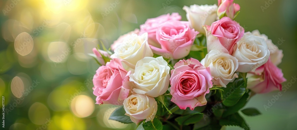 Outdoors, a vase exhibits a gorgeous bouquet of pink and white roses, their delicate petals and green leaves adding a charming contrast to the scene Outdoors, a vase exhibits a gorgeous bouquet of pink and white roses, their delicate petals and green leaves adding a charming contrast to the scene