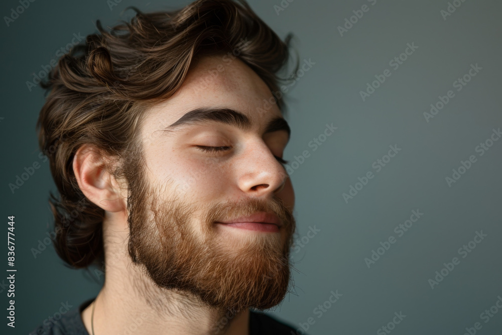 Fototapeta premium A close up of a man with beard and closed eyes looking to a side