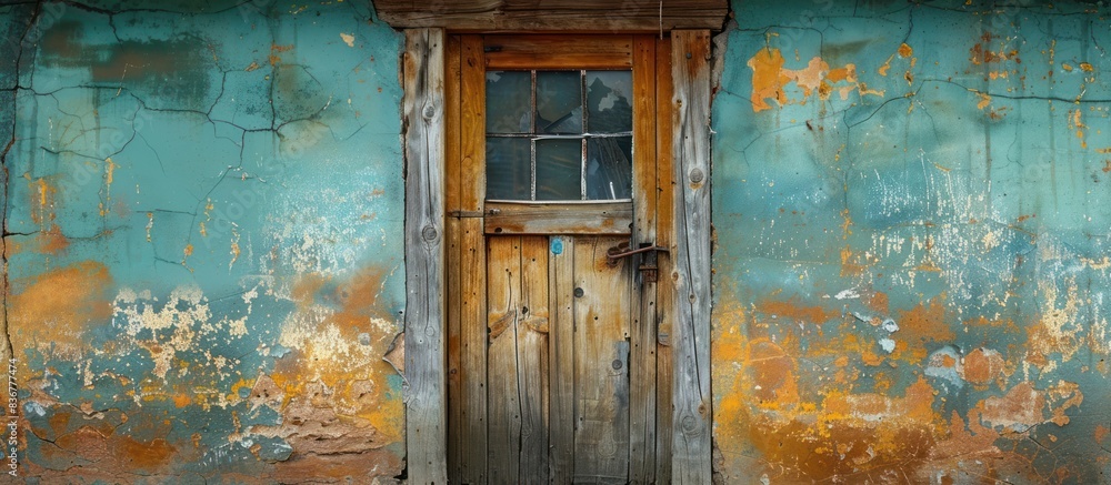 Naklejka premium With a glass window set within weathered wood, this old door exudes vintage charm and nostalgia, telling tales of its rich history and character.