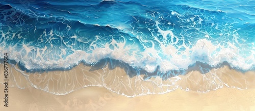 The image depicts blue waves rolling onto a sunny beach  meeting pristine white sand. The dynamic ocean waves contrast with the tranquil background