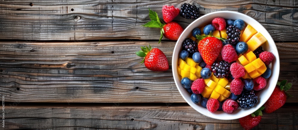 Two white bowls filled with various fruits including berries sit atop a rustic wooden table The colorful array of fruits contrasts beautifully with the natural wood grain of the table Two white bowls filled with various fruits including berries sit atop a rustic wooden table The colorful array of fruits contrasts beautifully with the natural wood grain of the table