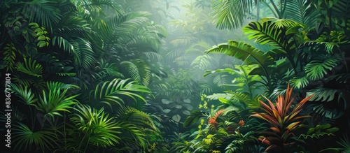 This painting depicts a dense jungle filled with various types of plants from towering trees to lush ferns The scene is teeming with greenery showcasing the biodiversity of a tropical rainforest 
