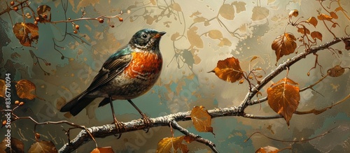 A painting depicting a bird perched on a branch in the morning light The bird is the central focus with intricate details on its feathers and beak The branch is depicted realistically with leaves  photo