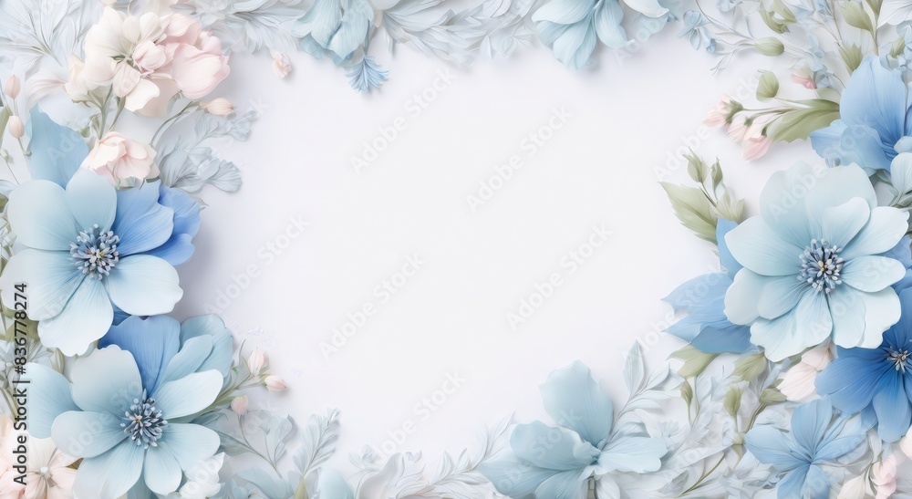 Blank template background with delicate blue flower borders for wedding ...