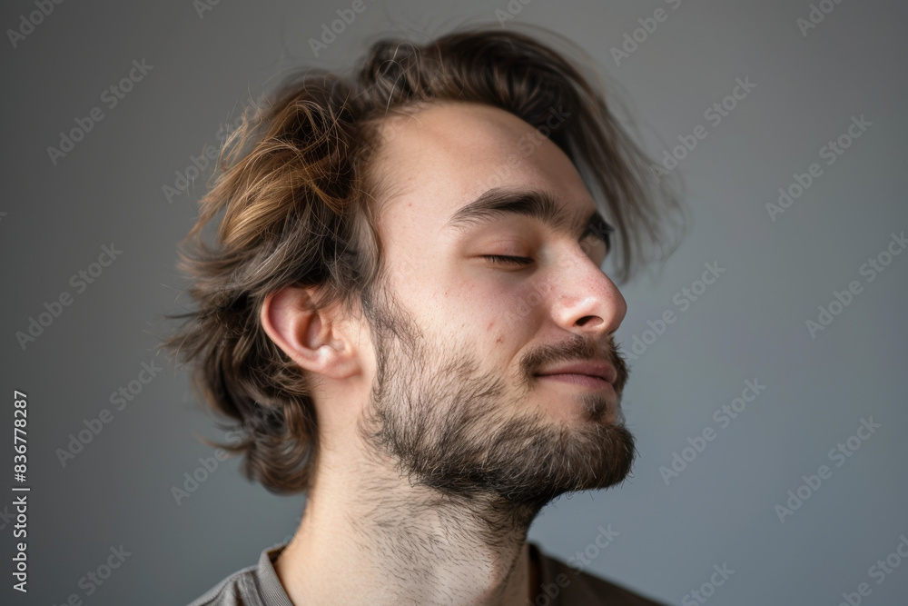 Fototapeta premium A close up of a man with beard and closed eyes looking to a side