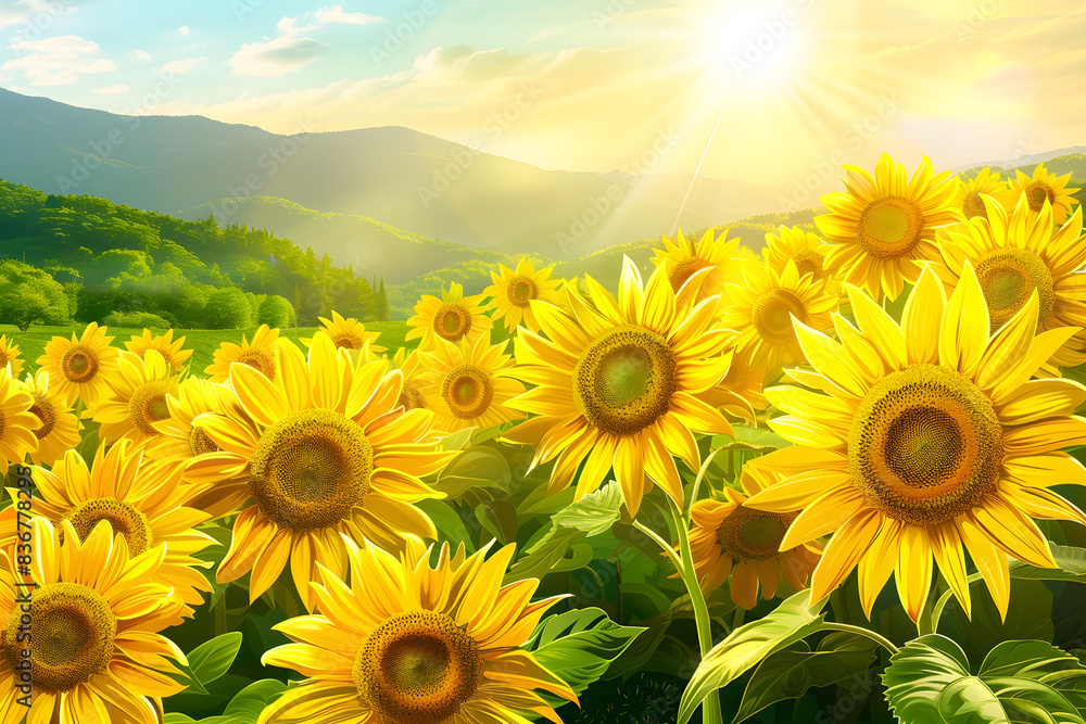Fototapeta premium Sunflowers field with bright yellow petals glowing in the warm summer sunlight