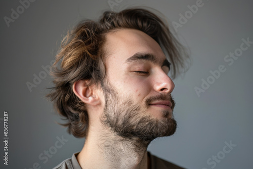 A close up of a man with beard and closed eyes looking to a side