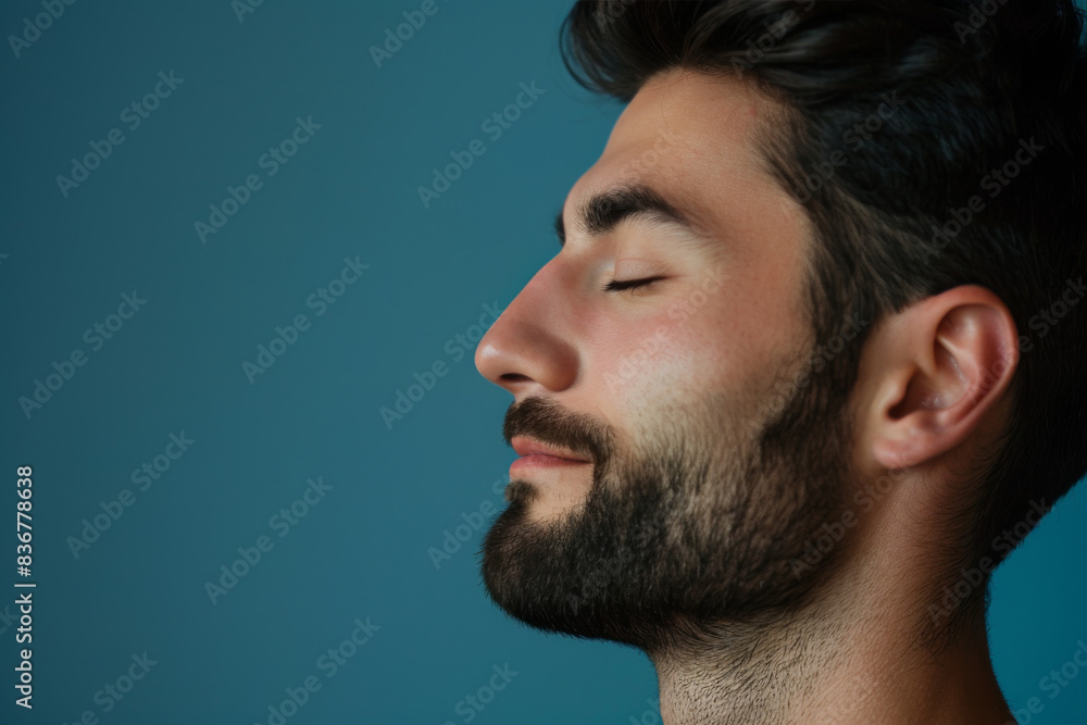 Obraz premium A close up of a man with beard and closed eyes looking to a side