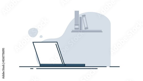 Laptop pop up and wiggle on table with isolated white background animation motion graphics