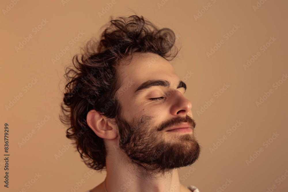 Fototapeta premium A close up of a man with beard and closed eyes looking to a side
