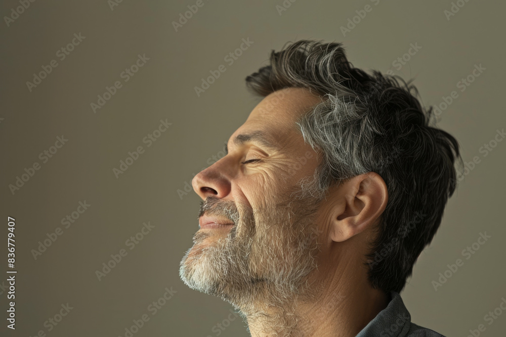 Fototapeta premium A close up of a man with beard and closed eyes looking to a side