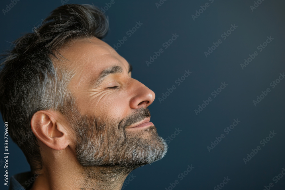 Fototapeta premium A close up of a man with beard and closed eyes looking to a side