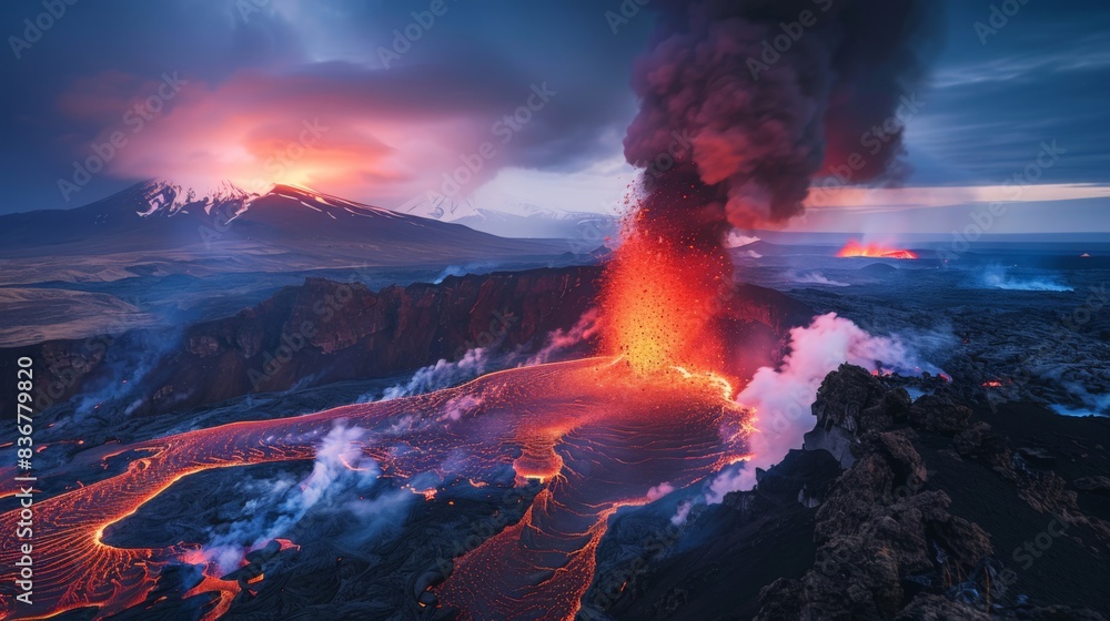 Lava spurting out of crater and reddish illuminated smoke cloud, lava flows, erupting volcano, Fagradalsfjall table volcano
