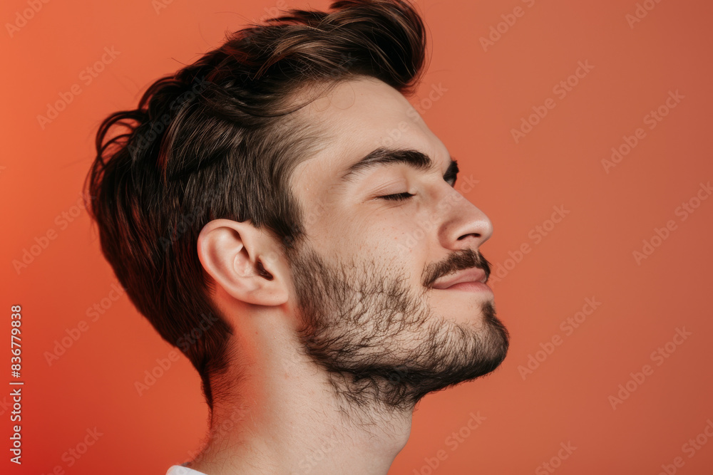 Obraz premium A close up of a man with beard and closed eyes looking to a side