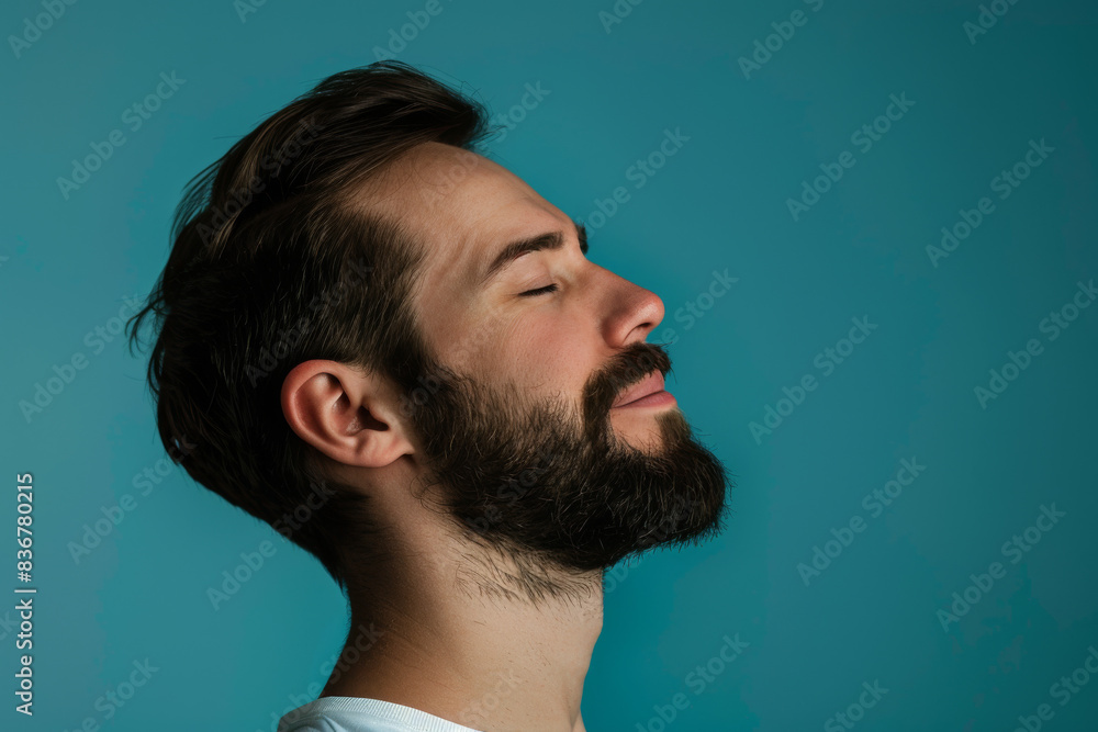 Fototapeta premium A close up of a man with beard and closed eyes looking to a side
