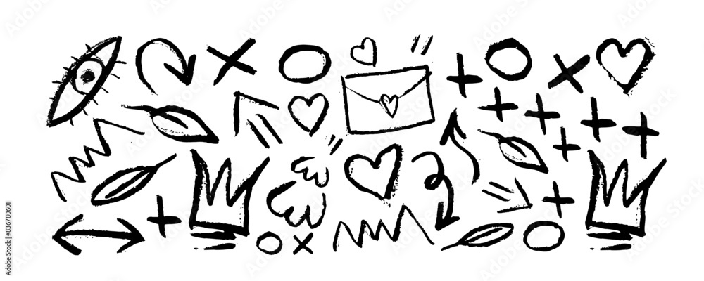 Charcoal graffiti doodle punk and girly shapes collection. Hand drawn abstract scribbles and squiggles, creative various shapes, pencil drawn icons. Scribbles, scrawls, eye, crown, curly lines