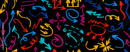 Seamless pattern various colorful arrows grunge shapes . Brush drawn multicolored bold curly lines, arrows and waves, brush strokes and doodle objects..