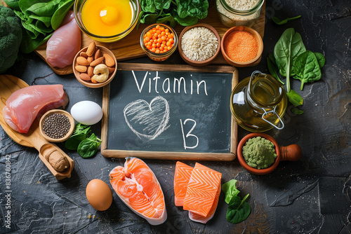 A collection of Vitamin B rich foods including eggs  nuts  salmon  vegetables  and grains  arranged on a dark surface with a chalkboard sign.