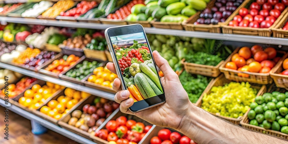 Hand holding smartphone taking a picture of produce in a supermarket