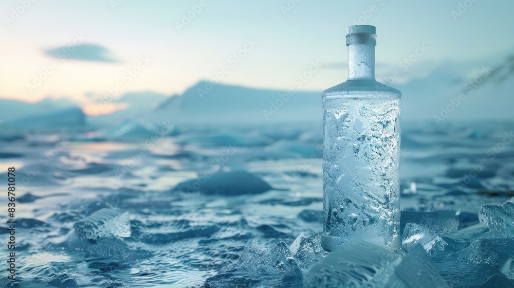 Frosted Vodka Bottle Resting on Ice Glacier, Illuminated by Soft Cold Light Against Clear Skies
Frosted Vodka Bottle Resting on Ice Glacier, Illuminated by Soft Cold Light Against Clear Skies