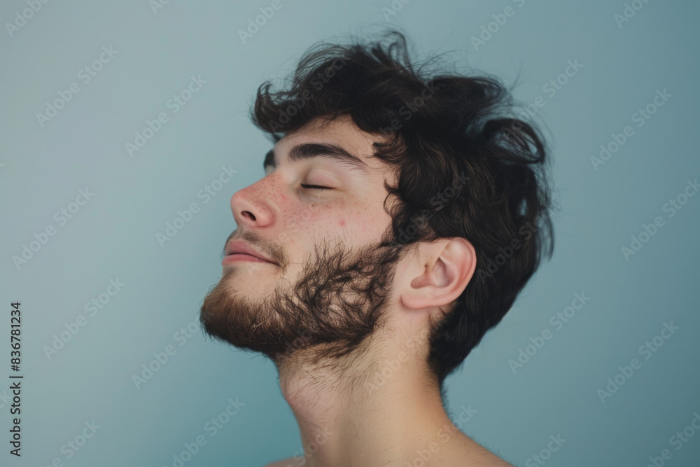 Fototapeta premium A close up of a man with beard and closed eyes looking to a side