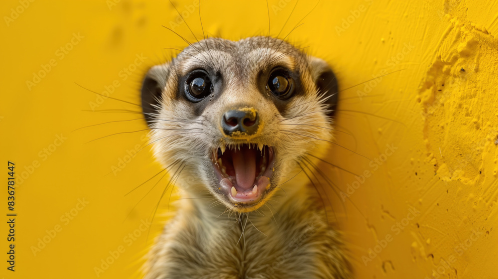 Fototapeta premium Surprised Meerkat Against Yellow Background