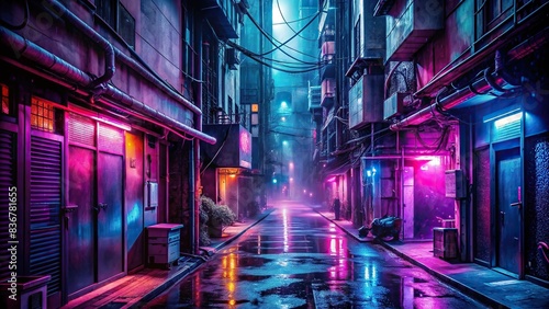 Dark alleyway in a cyberpunk city with neon lights illuminating the gloomy surroundings photo