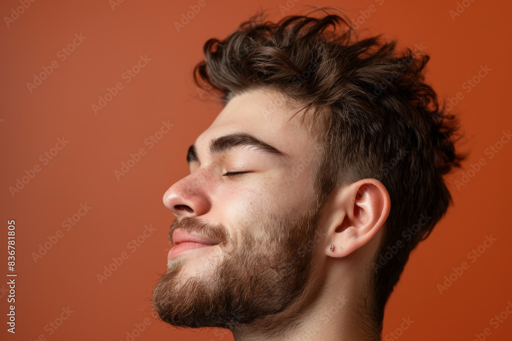 Fototapeta premium A close up of a man with beard and closed eyes looking to a side