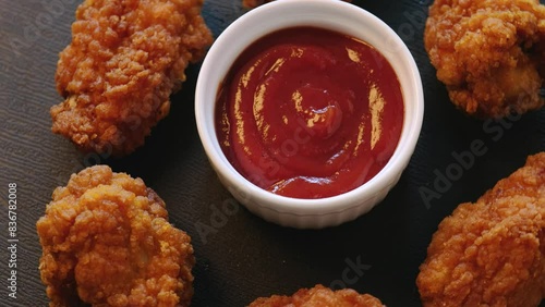 Fried chicken nuggets with sauce rotate slowly on a black background. Fast food