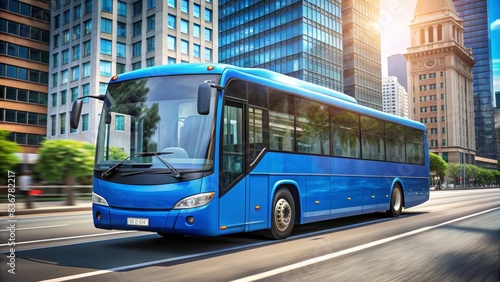 Vibrant blue bus blending into urban traffic flow, urban, city, transportation, vehicle, blue, vibrant, bus, road, traffic, seamless, blend, modern, dynamic, landscape, movement, journey