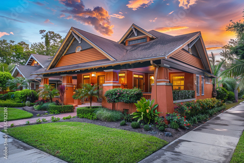The front perspective of a sunset orange craftsman cottage style home, boasting a triple pitched roof, surrounded by lush landscaping, a neat sidewalk, and undeniable curb appeal. photo