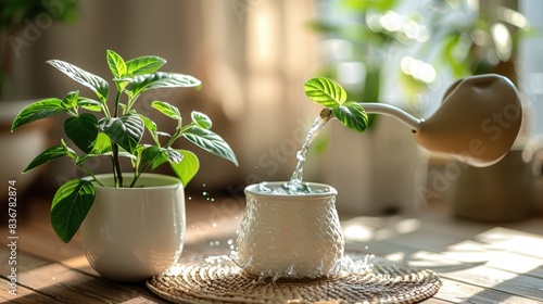 Home Office Greenery: Watering Plant in White Pot
 photo