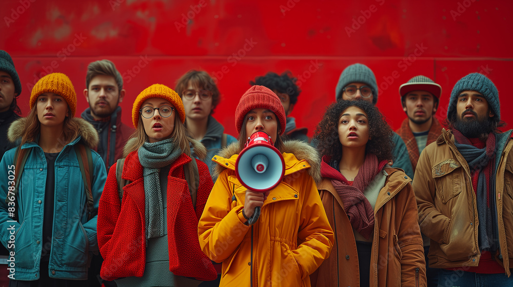 Youthful energy fills studio as group of activists strikes together, megaphones raised in unison Youthful energy fills studio as group of activists strikes together, megaphones raised in unison