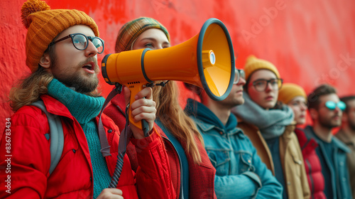 In a studio, young protesters unite, employing megaphones to make voices heard during strike photo