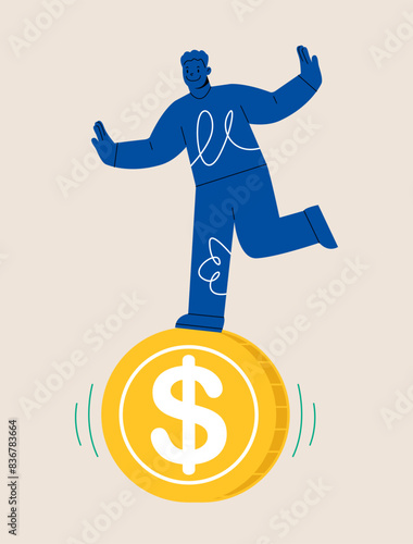 Man stand on money coin. Colorful vector illustration