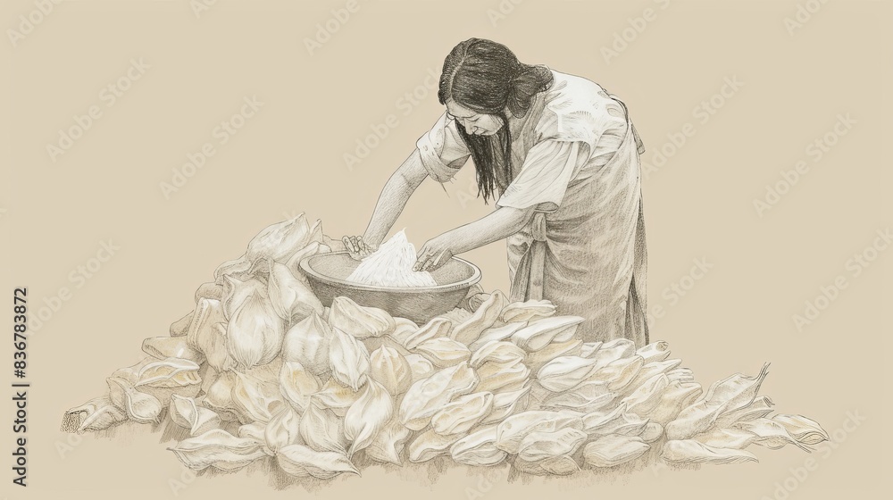 Naklejka premium Biblical Illustration of the Parable of the Leaven: Woman Mixing Yeast into Flour, Beige Background, Copyspace