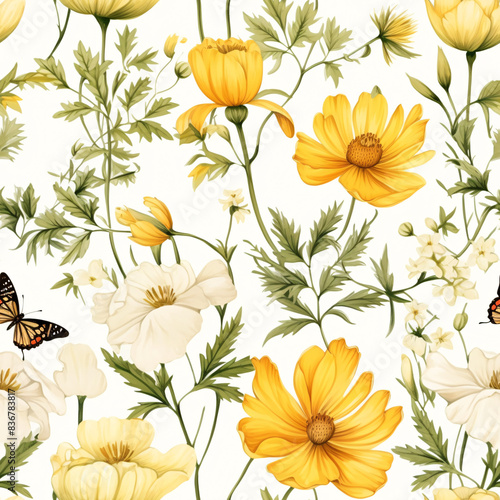 Elegant watercolor pattern with vibrant yellow flowers, green leaves, and small insects for a timeless vintage look