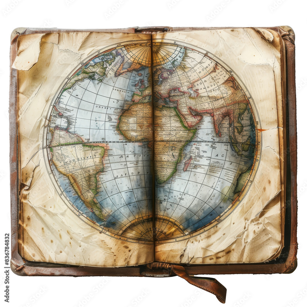 An antique book open to a detailed world map, showing the continents in a vintage style. The worn pages and leather binding add to the historical charm. An antique book open to a detailed world map, showing the continents in a vintage style. The worn pages and leather binding add to the historical charm.