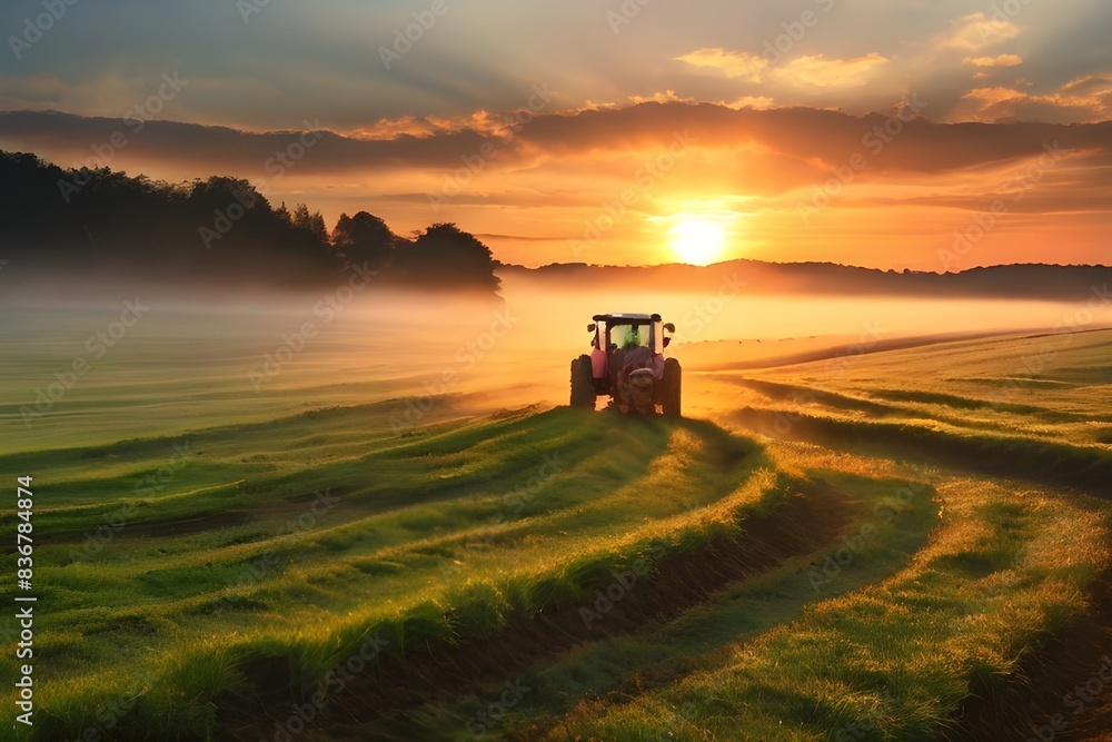 See the allure of a sunset from above as a tractor passes through a field with grace, leaving a trail of beauty and mist in its wake. See the allure of a sunset from above as a tractor passes through a field with grace, leaving a trail of beauty and mist in its wake.