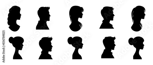 Set man and woman head icon. Male and female avatar side view profile silhouette black filled vector Illustration icon.