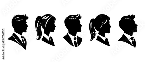 Businessman and businesswoman with suit, office working male and female avatar. Young girl and boy side view profile silhouette black filled vector Illustration icon.