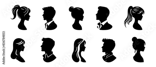 Set man and woman head icon. Male and female hairstyle avatar side view profile silhouette black filled vector Illustration icon.