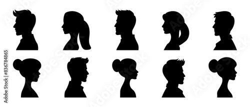 Set man and woman head icon. Male and female avatar side view profile silhouette black filled vector Illustration icon.