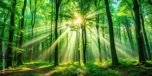 Forest graphic background with vibrant green trees  lush foliage  and streaming sunlight  forest  graphic  background  trees  foliage  sunlight  nature  green  wilderness  tranquil  serene