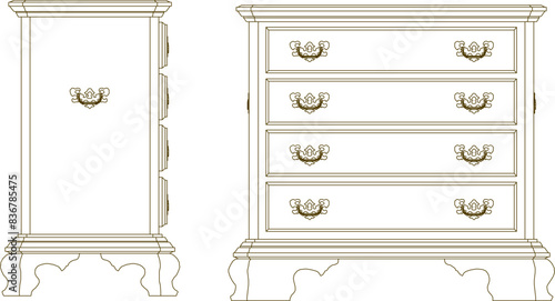 Vector illustration sketch of detailed design of old classic antique teak wood wardrobe for bedroom interior