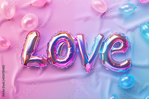 The word "Love" is created with colorful metallic balloon letters on a pastel background, with pink and blue colors. Party balloons are arranged around it from a top view, in a flat lay with soft ligh